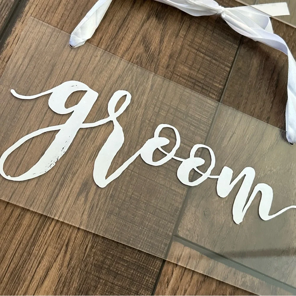 Clear acrylic Bride & Groom chair signs